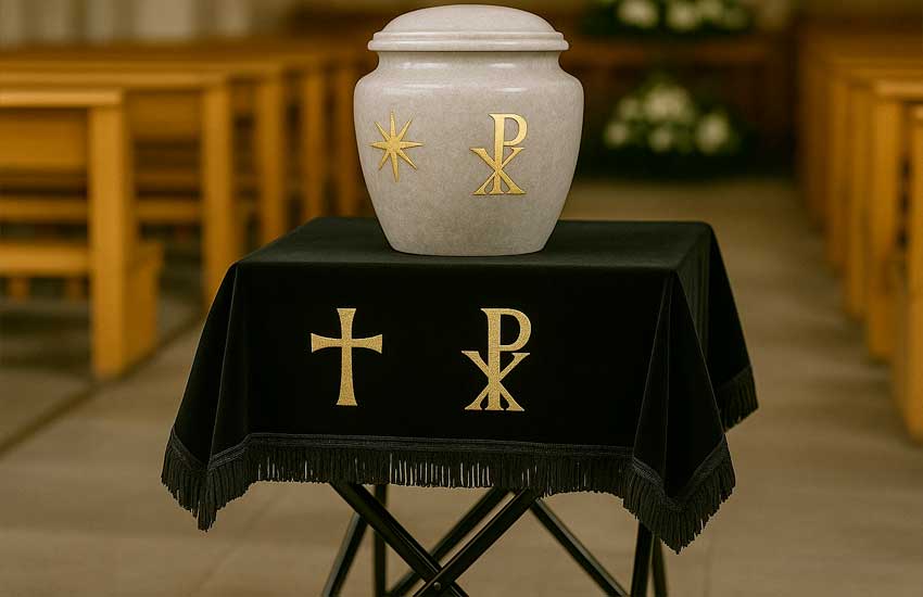 Kir pogrzebowy na urnę z symbolami religijnymi na katafalku