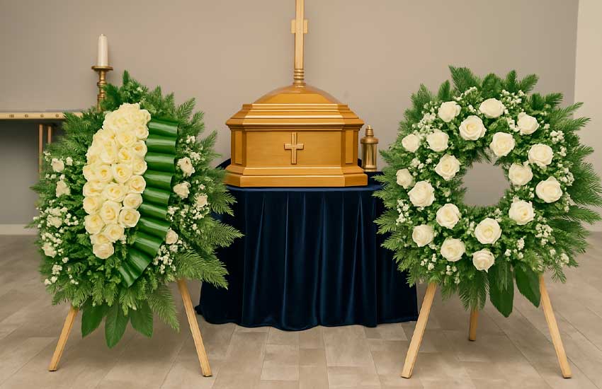 Trumna z dwoma białymi wieńcami pogrzebowymi na stojakach