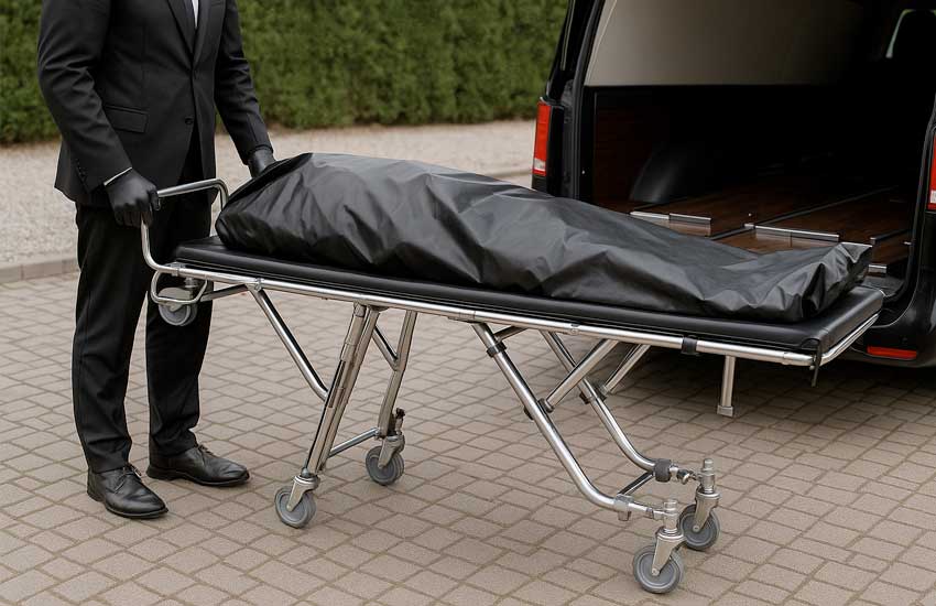 Czarne nosze do transportu zmarłych ustawione obok karawanu