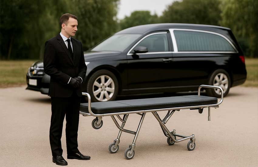 Folding funeral stretcher, funeral home attendant, hearse