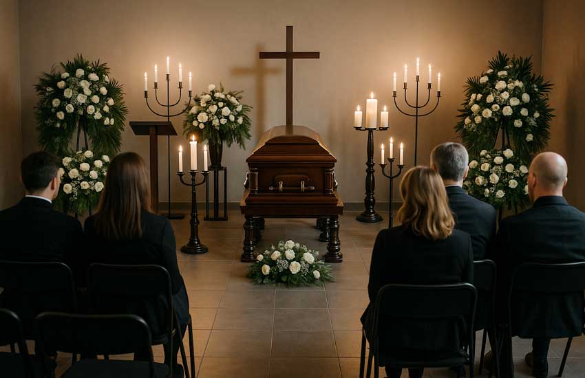 Kaplica pogrzebowa wyposażona w świeczniki i stojaki na wieńce