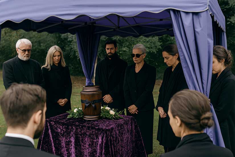 Funeral tent, urn, mourners