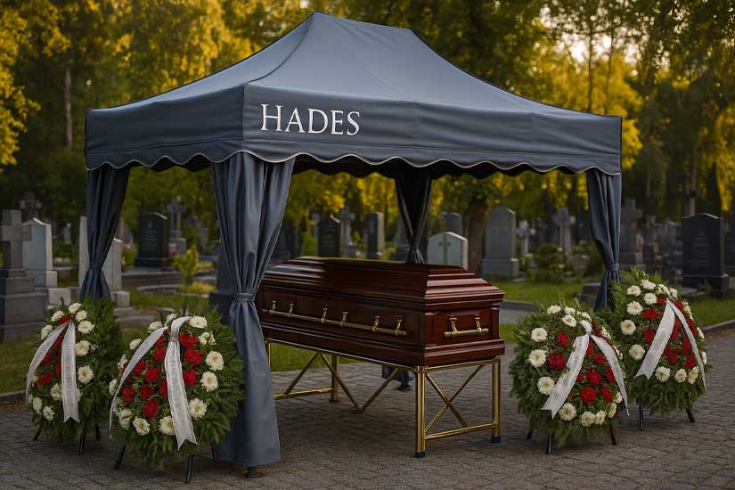 Funeral tent in a subdued color, coffin, wreaths