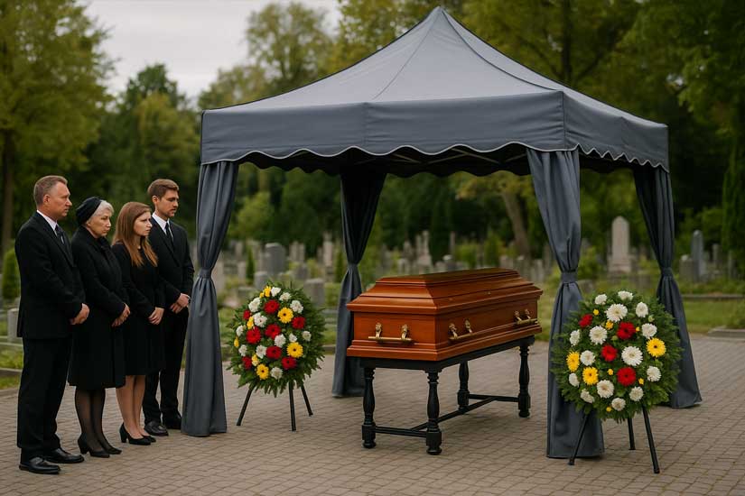 Funeral tent, coffin, mourners, wreaths
