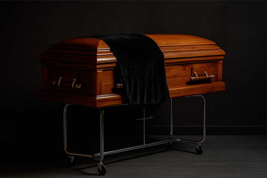 Coffin covered with a quilt on a P-type funeral catafalque
