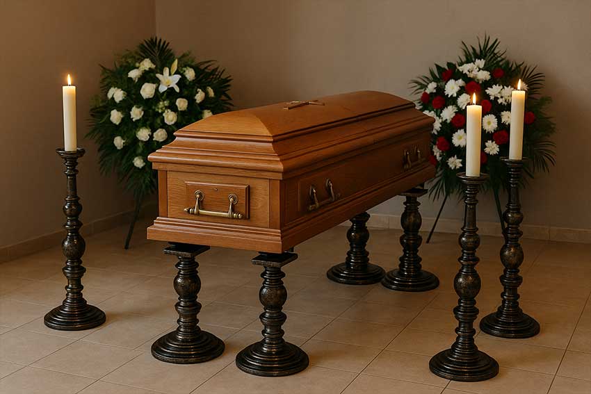 Wooden coffin on a steel catafalque