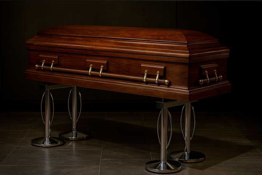 A wooden coffin in a dark chapel on a steel catafalque