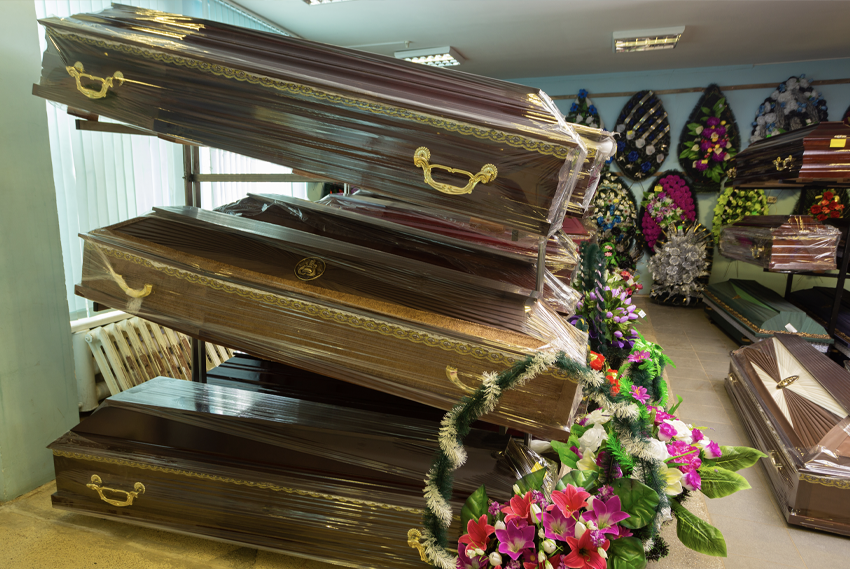 Exhibition room with shelves for coffins